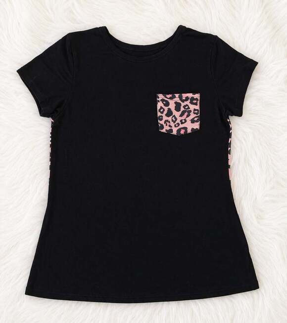 Unbranded Tops - Pink Leopard Pocket Tee | Black Animal Print Top | Boutique Style | Trendy